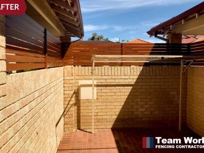 Jarrah Aluminium fencing installation on top of brick wall in Perth