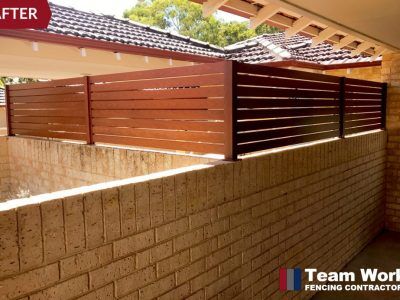 Jarrah Aluminium horizontal slat fencing on top of brick wall installation in Perth WA