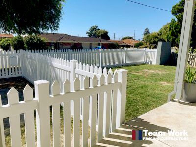 Traditional white PVC picket fencing and gate installation in Rockingham, Perth WA